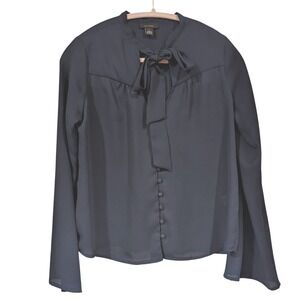 Halogen Bow Neck Blouse S Navy Blue Bell Sleeve Button Front Chiffon‎ Top Office